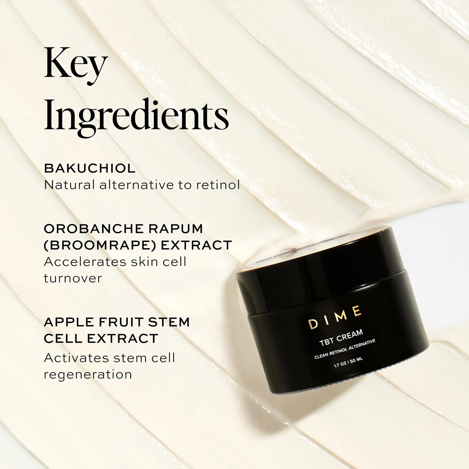 DIME TBT Cream label highlights vegan and cruelty-free skincare promise.