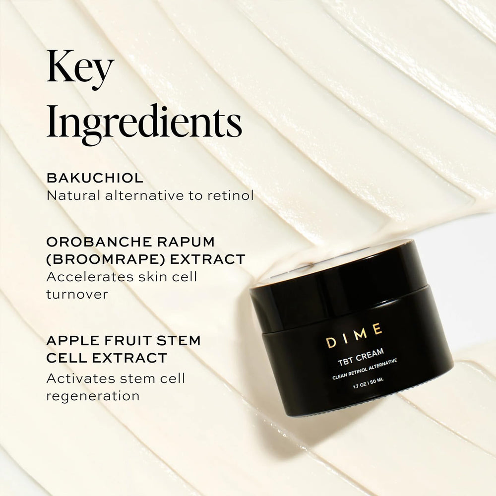 DIME TBT Cream label highlights vegan and cruelty-free skincare promise.