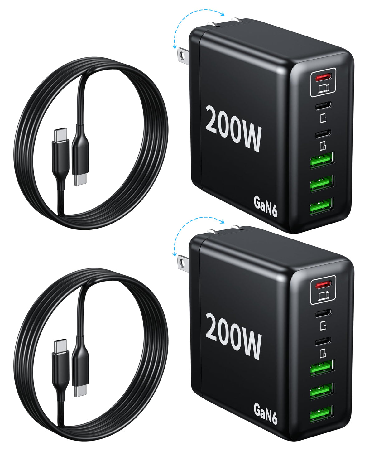 Dimiway 2-pack 200W USB-C charger with foldable plug for travel convenience
