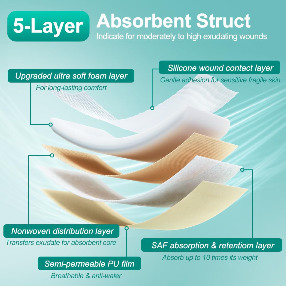 Dimora 5-layer absorbent pad handles moderate to heavy exudate efficiently.