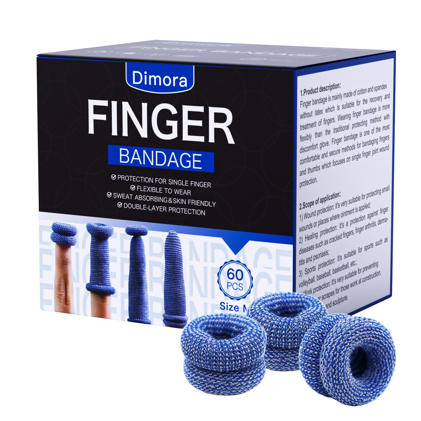 Dimora finger cots 60-pack medium blue protect fingertips during wound care.