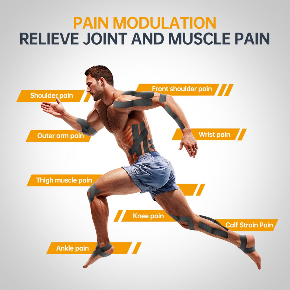 Dimora kinesiology tape applied to knee, supporting muscles during activity.