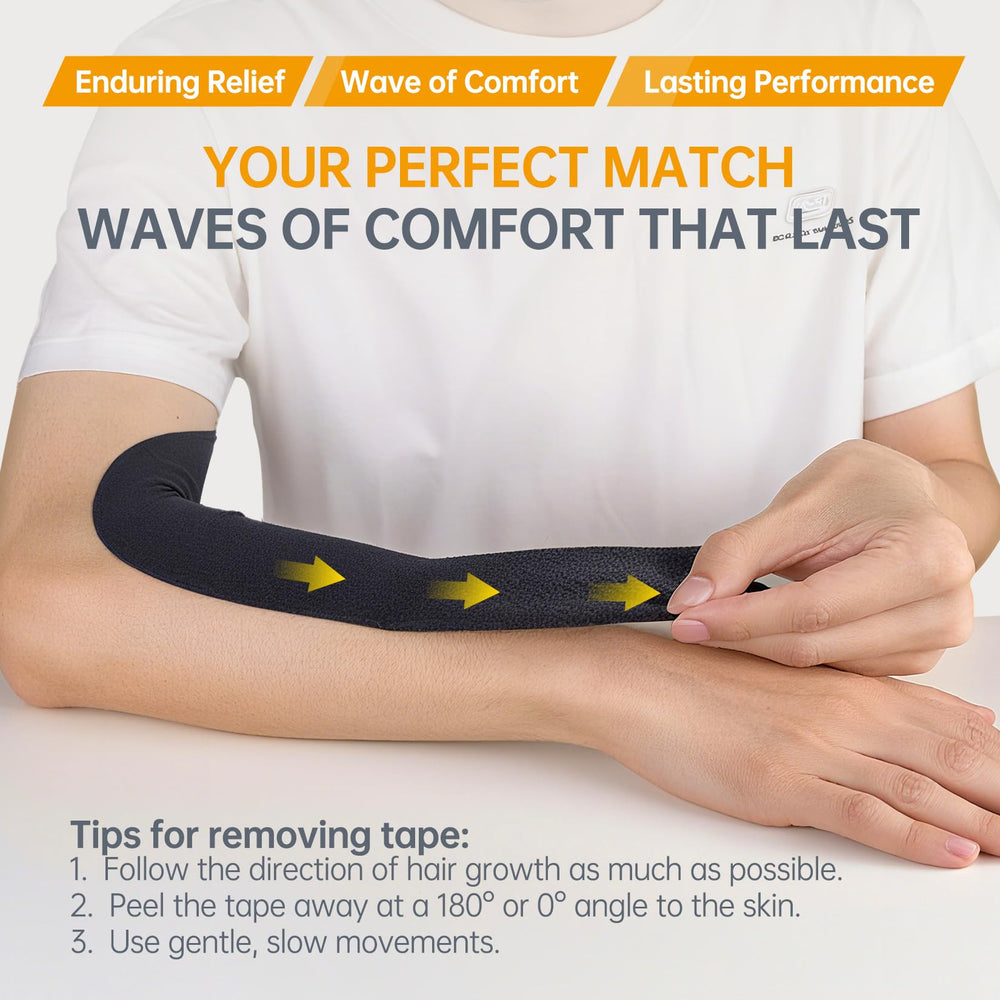 Dimora kinesiology tape on shin after activity, supporting recovery.