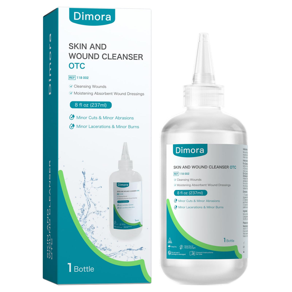 Dimora Skin and Wound Cleanser bottle pour demonstrates gentle cleansing action.