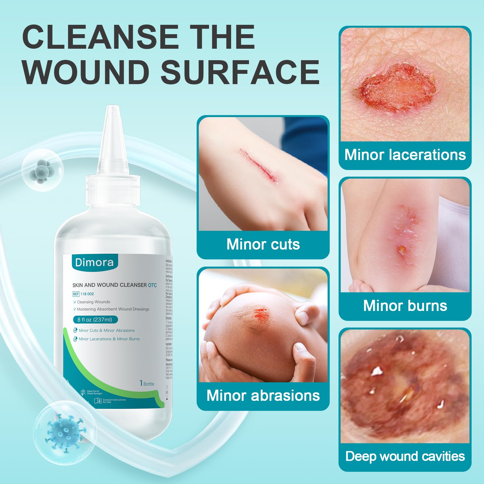 Dimora Skin and Wound Cleanser label front highlights PHMB-based cleansing benefits.