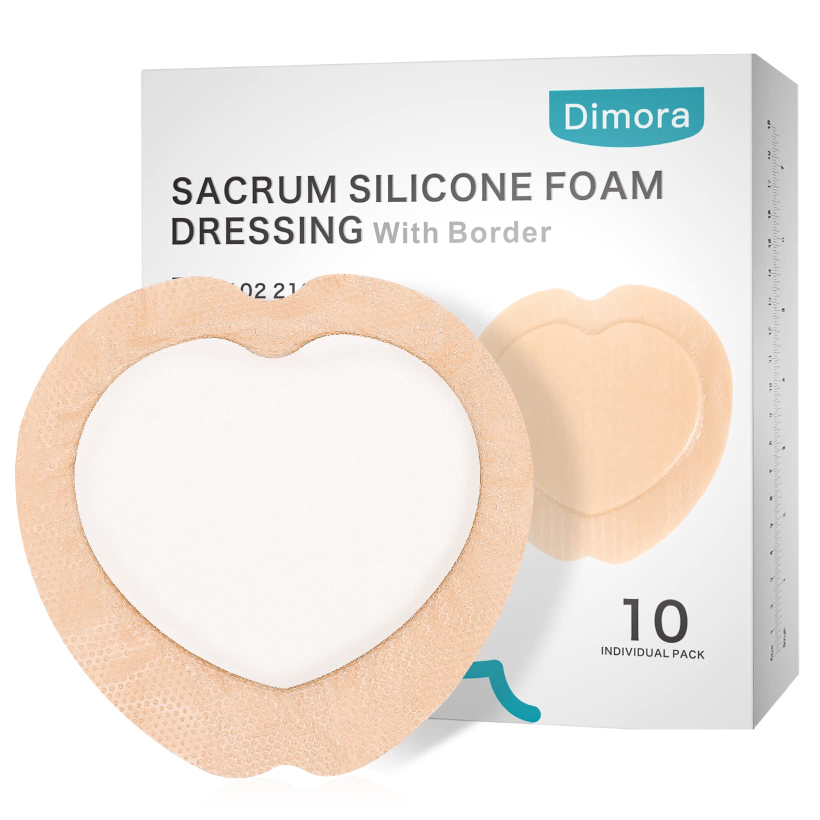 Dimora sacrum foam dressing 7x7 with silicone border absorbs drainage and protects the wound.