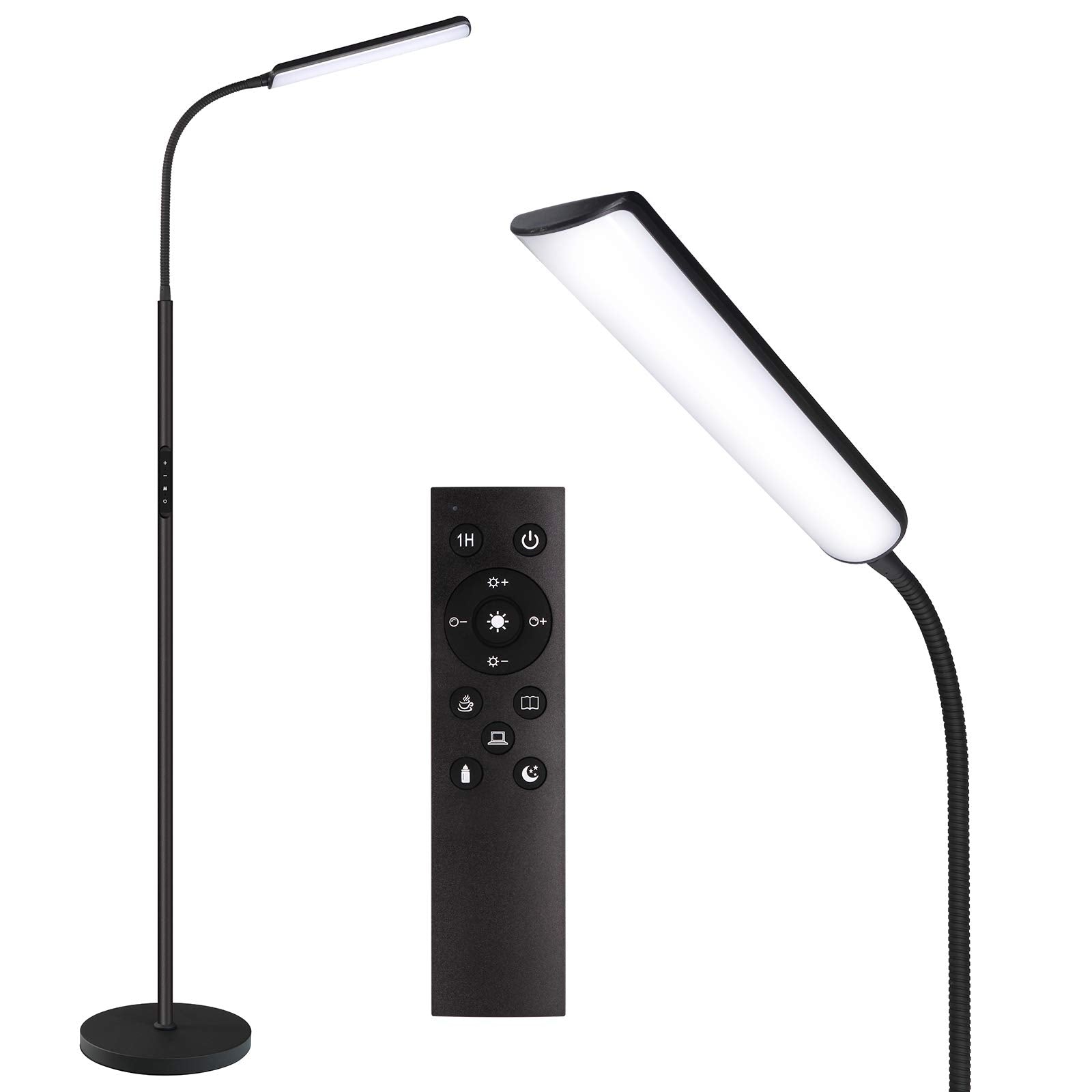 Dimunt LED floor lamp with arcuated lighting streaming wide illumination for living rooms.