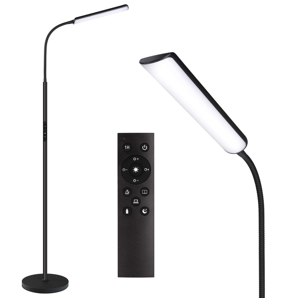 Dimunt LED floor lamp with arcuated lighting streaming wide illumination for living rooms.