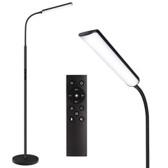 Dimunt LED floor lamp with arcuated lighting streaming wide illumination for living rooms.
