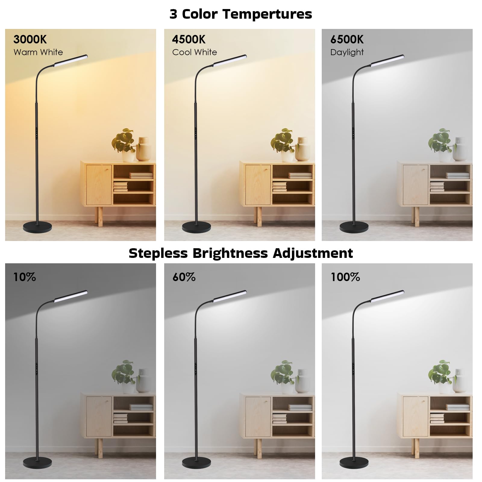 Dimunt standing lamp features 3000K-6000K color temperature for cozy to energizing ambiance.