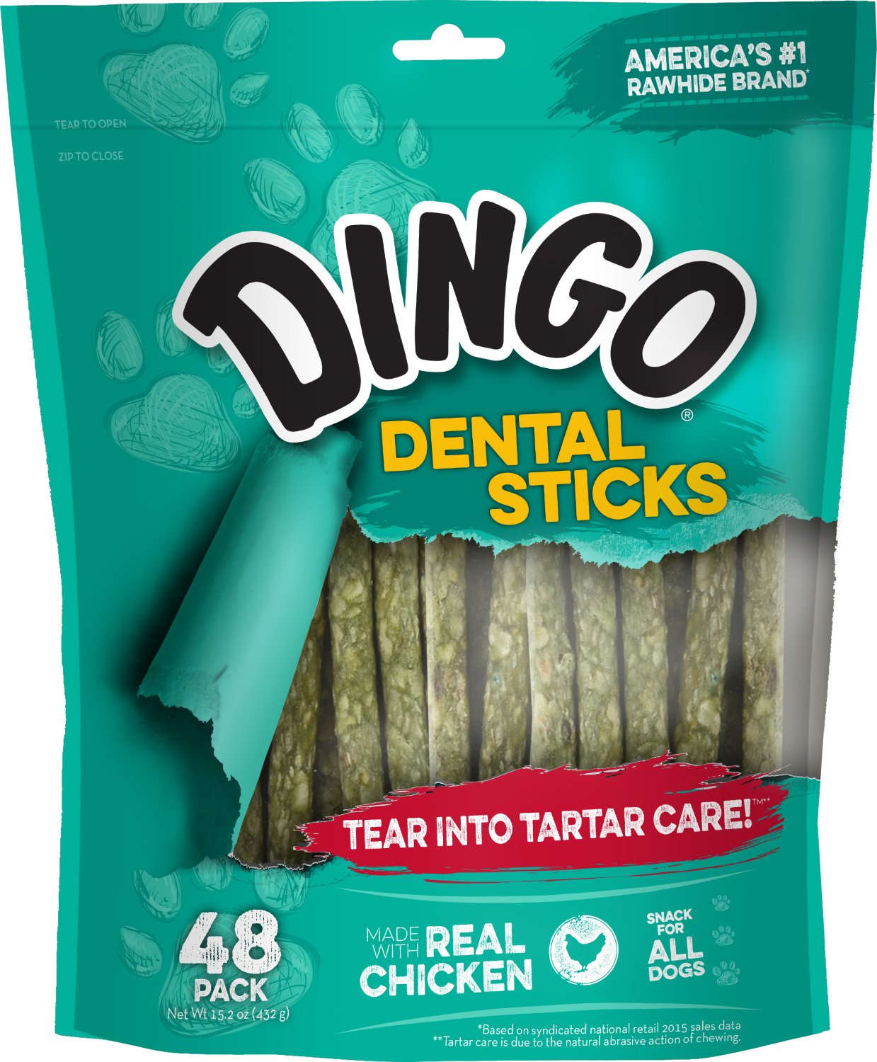 Dingo Dental Sticks 48-count packaging with resealable bag for lasting freshness.