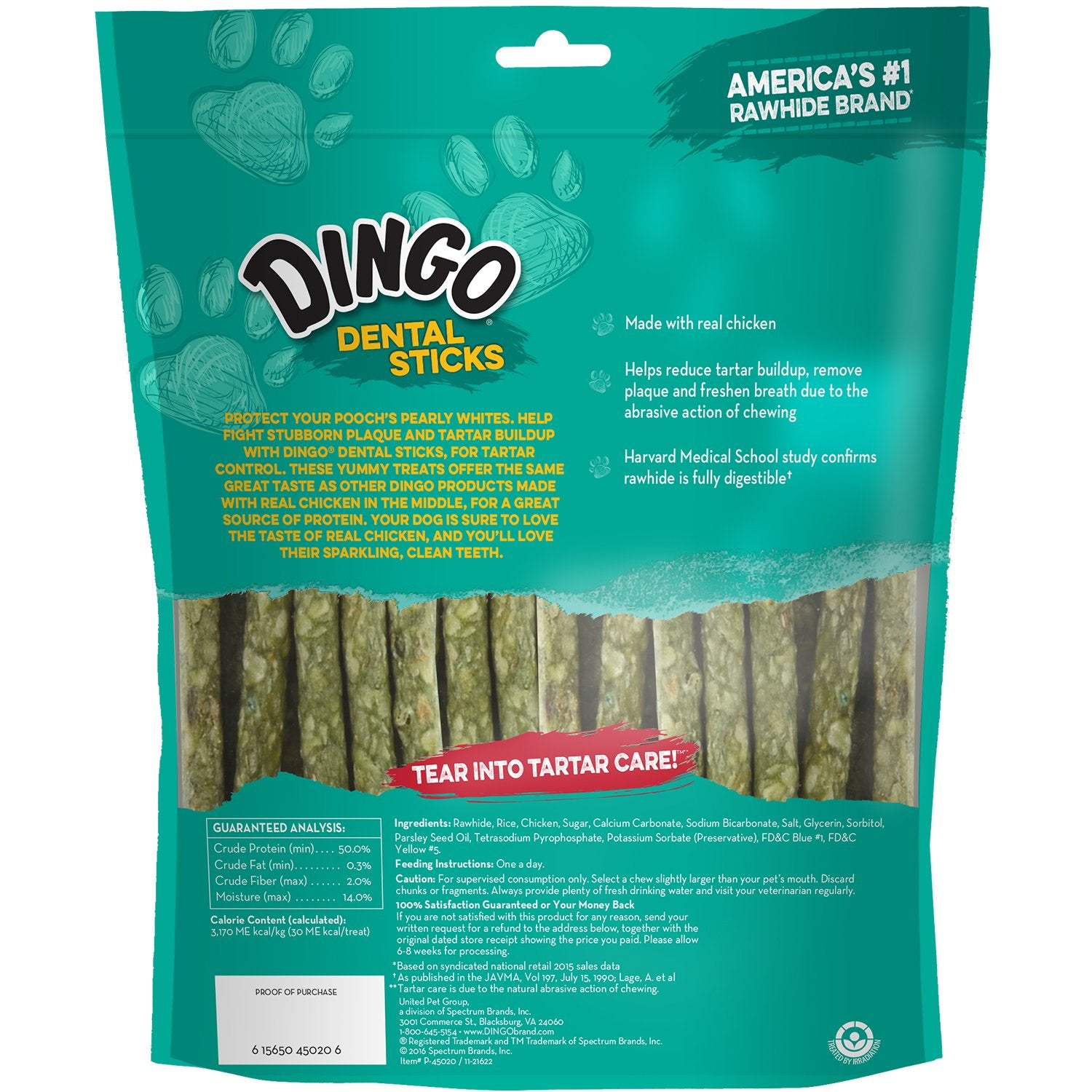 Dingo Dental Sticks real chicken inside highlights tasty, protein-rich chew.