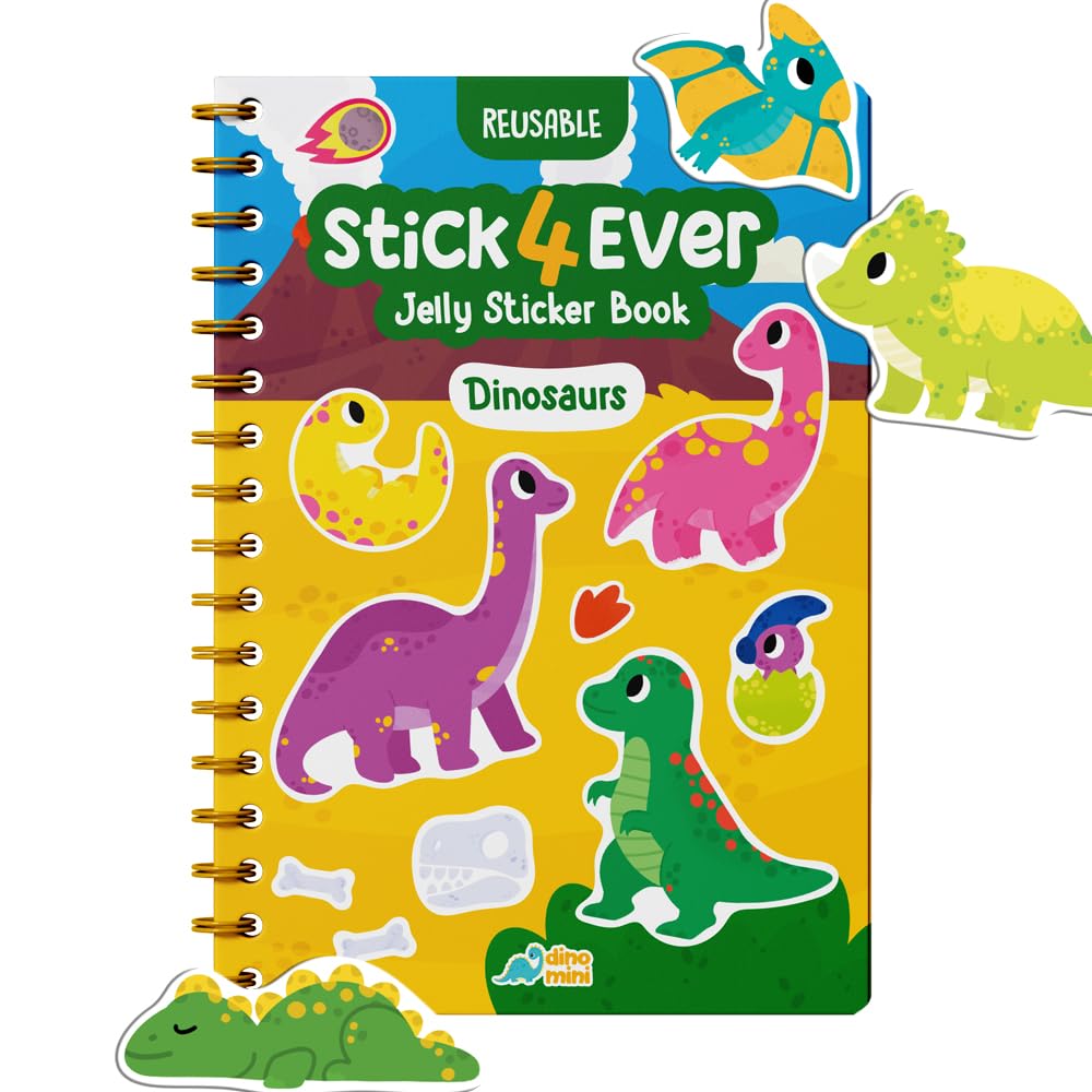 DINO MINI Stick4Ever jelly sticker book cover showing durable binding for on-the-go play.