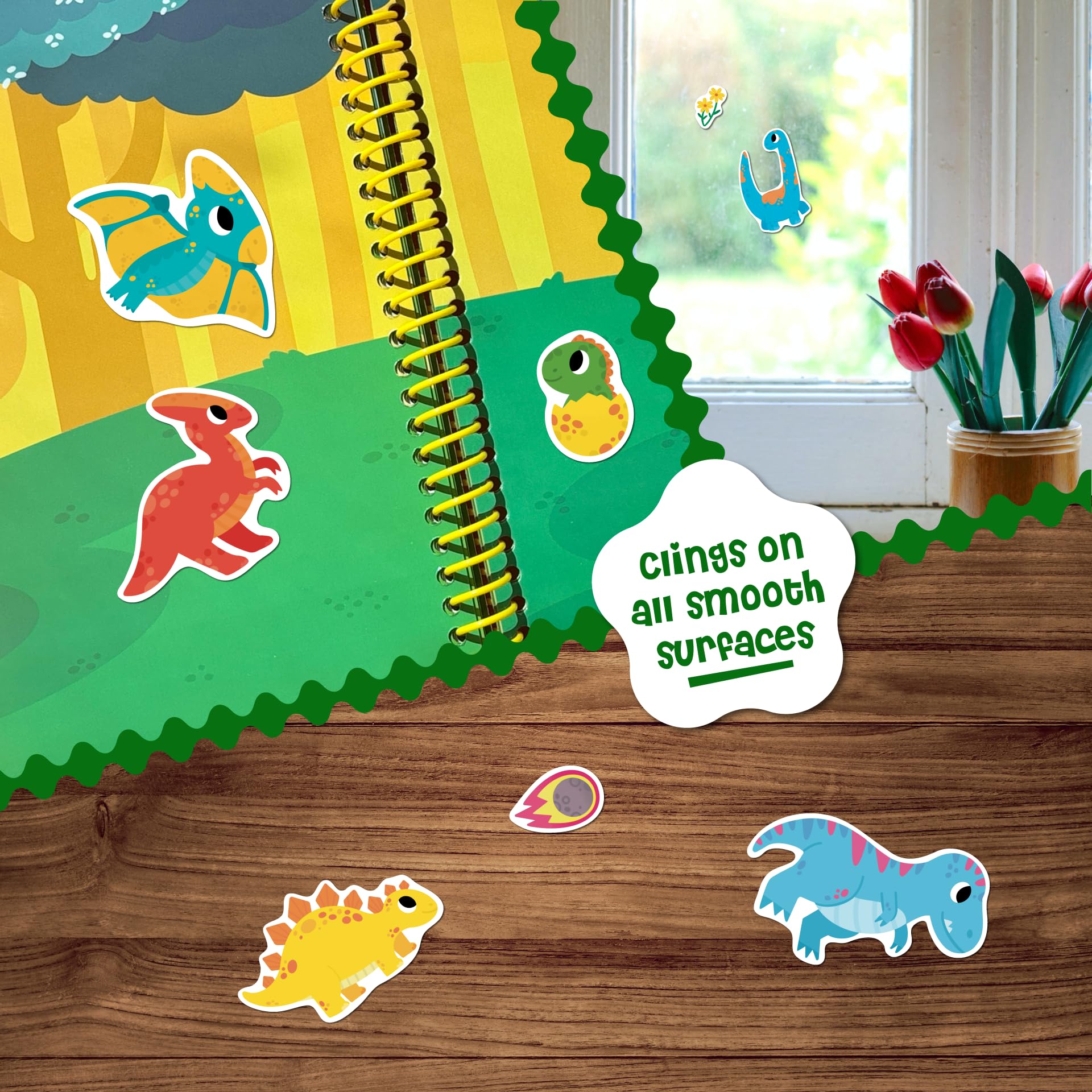 DINO MINI Stick4Ever jelly stickers cling to a window for mess-free decorating.