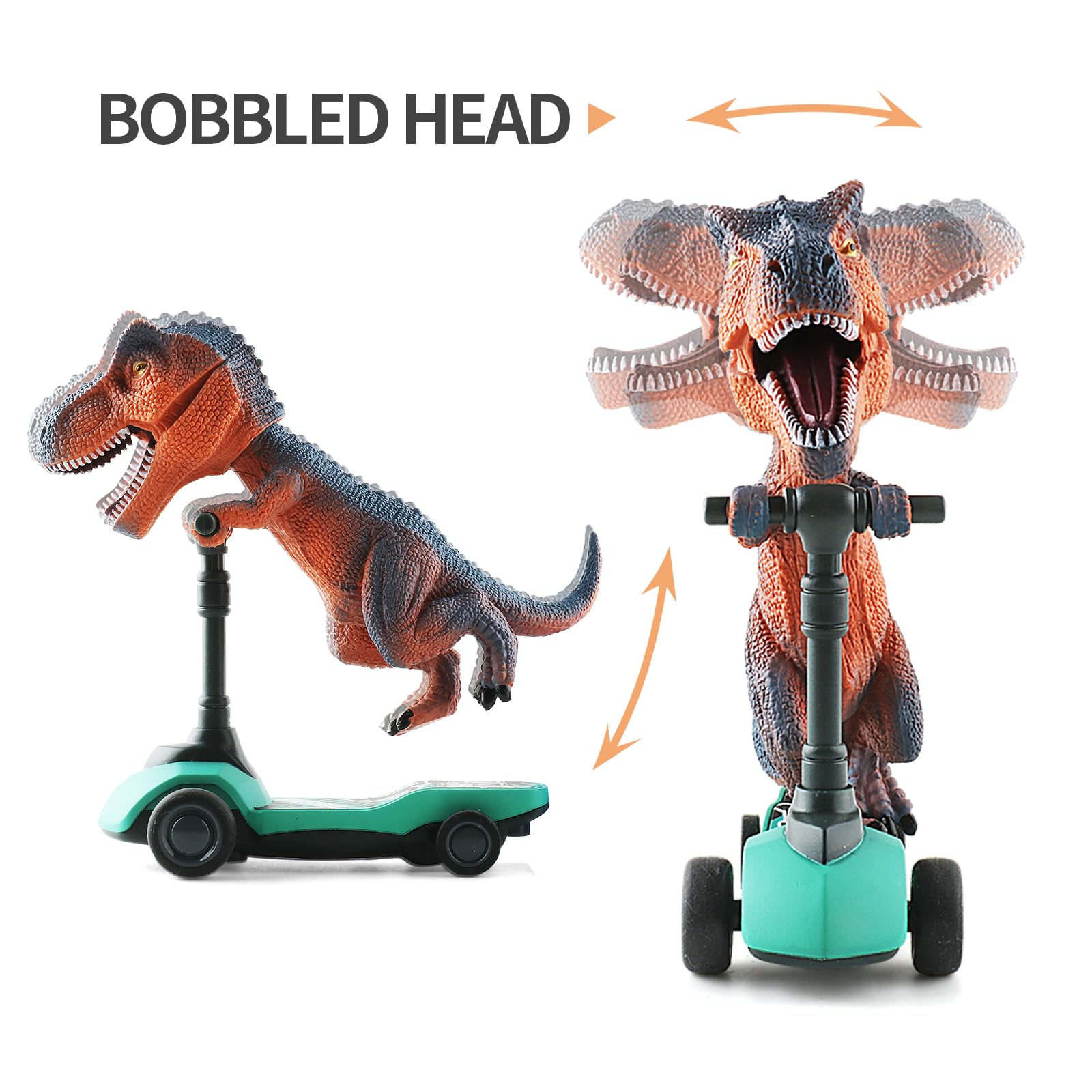 DINOBROS Ankylosaurus on a scooter toy, sturdy rubber wheels for smooth rides.