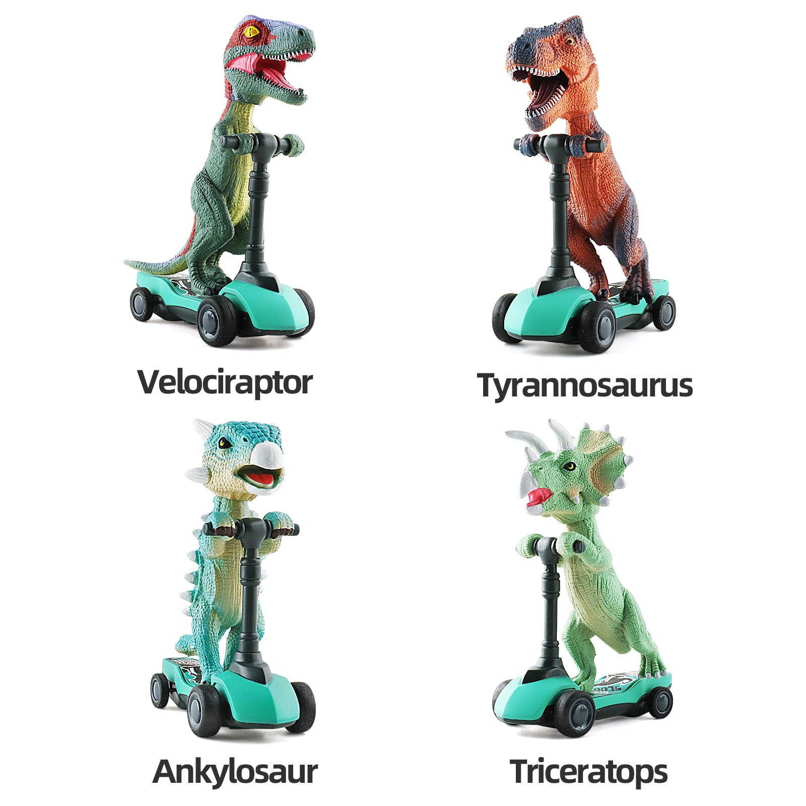 DINOBROS 4-pack mini dinosaurs, perfect as a desk or shelf display.