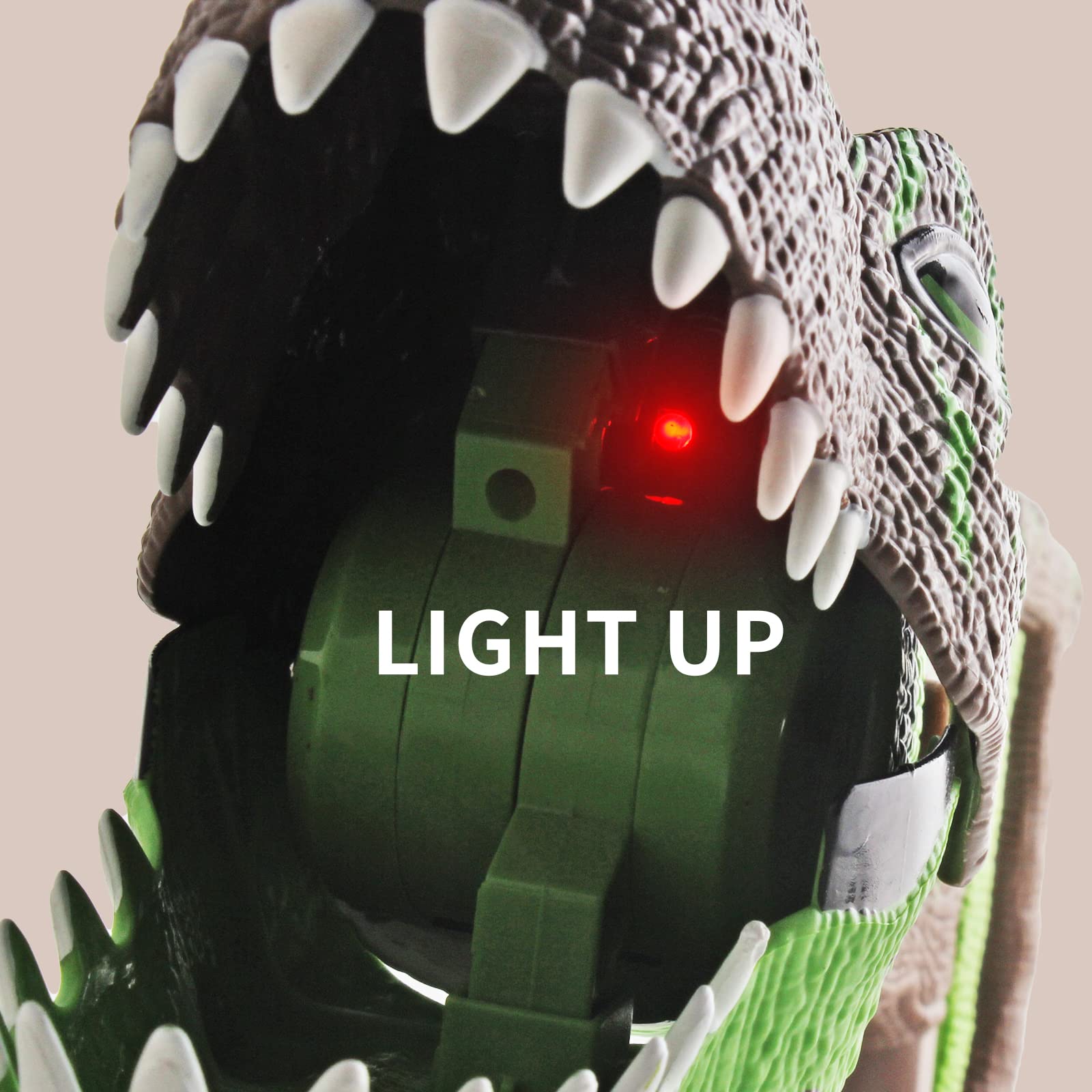 DINOBROS lifelike dino pose with light enhances pretend expeditions.