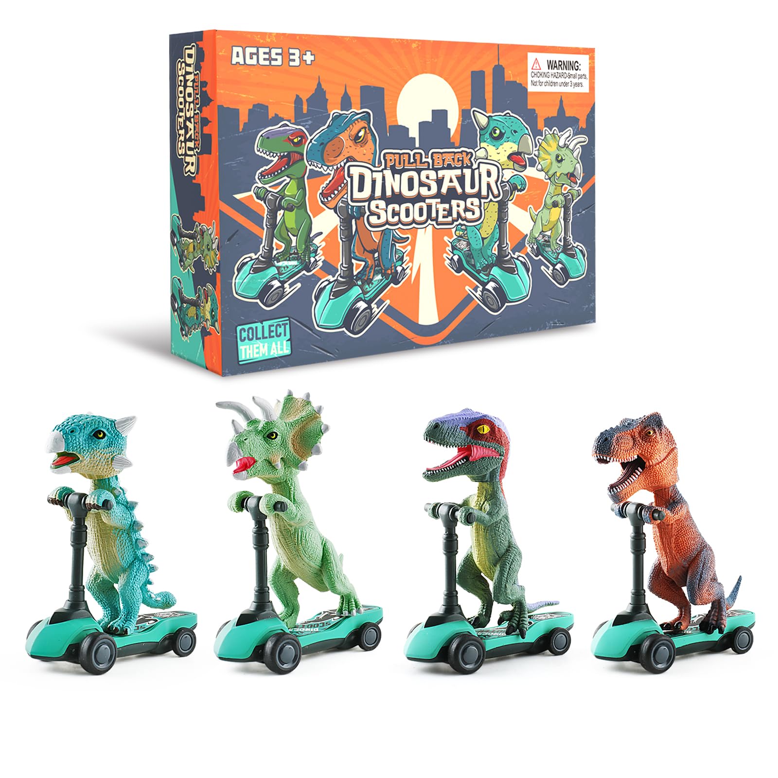 DINOBROS pull-back mechanism lets kids launch each dino with a simple pull.