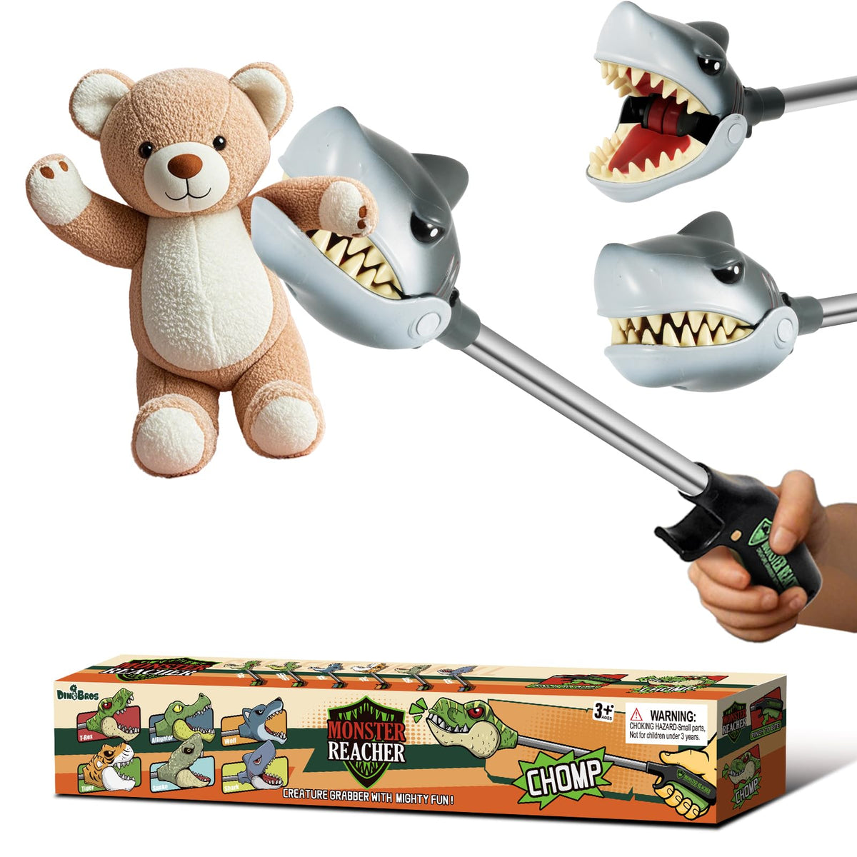 DINOBROS Shark Toy Pincher grabber head closeup highlights realistic teeth for imaginative play.