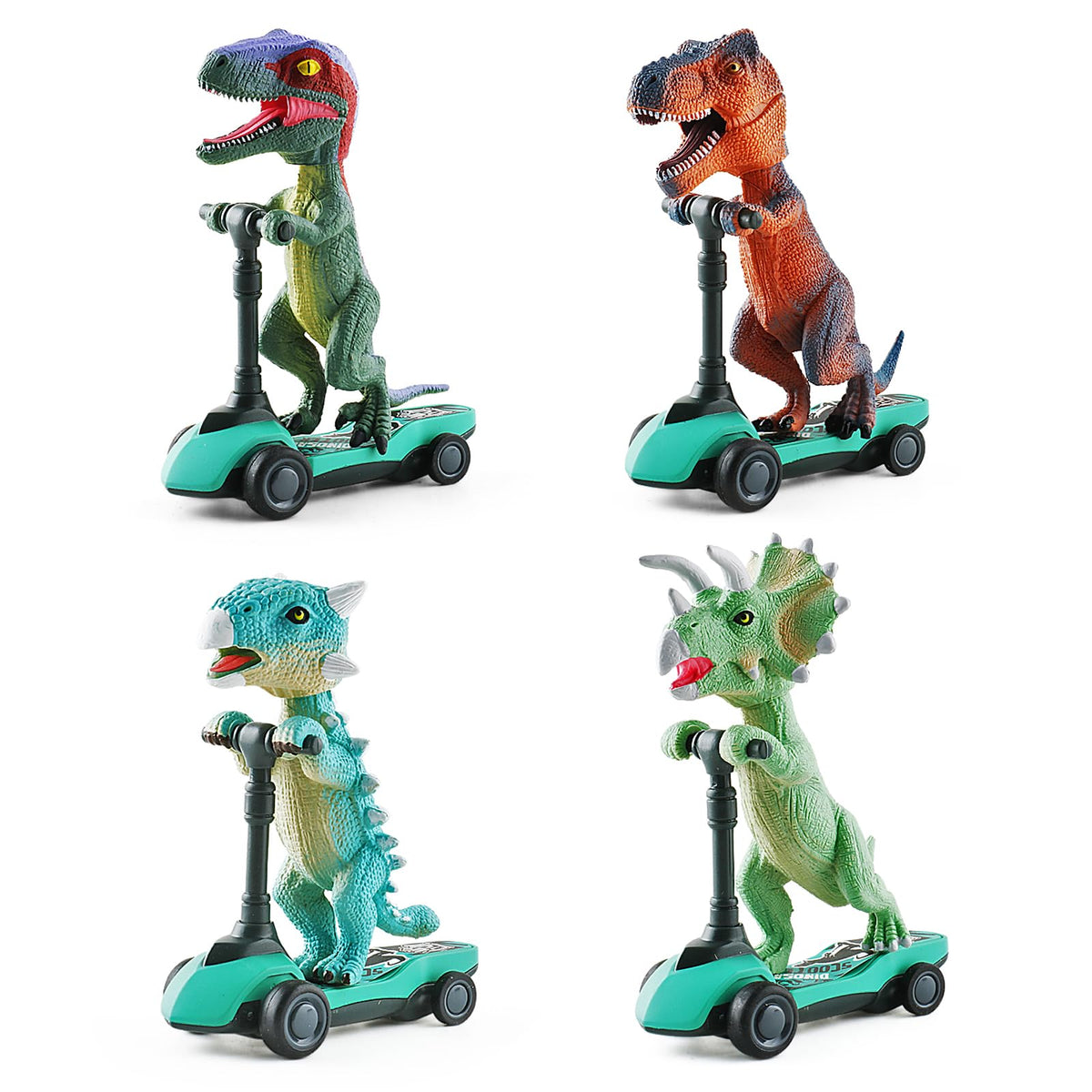 DINOBROS T-Rex on a scooter toy for ages 3 and up, durable play.