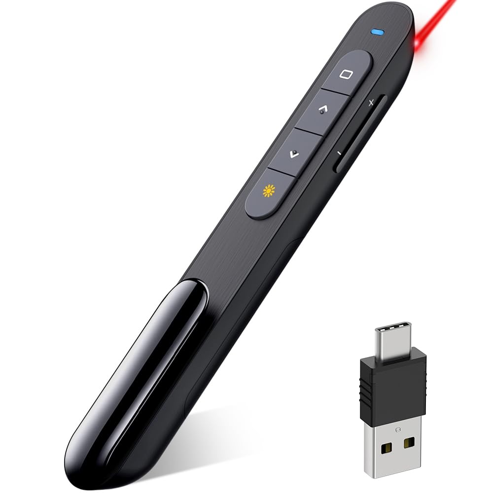 DinoFire USB-C presenter remote with red pointer for clear emphasis during slides