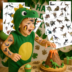 Eight perforated sheets of dinosaur tattoos ready for party prep