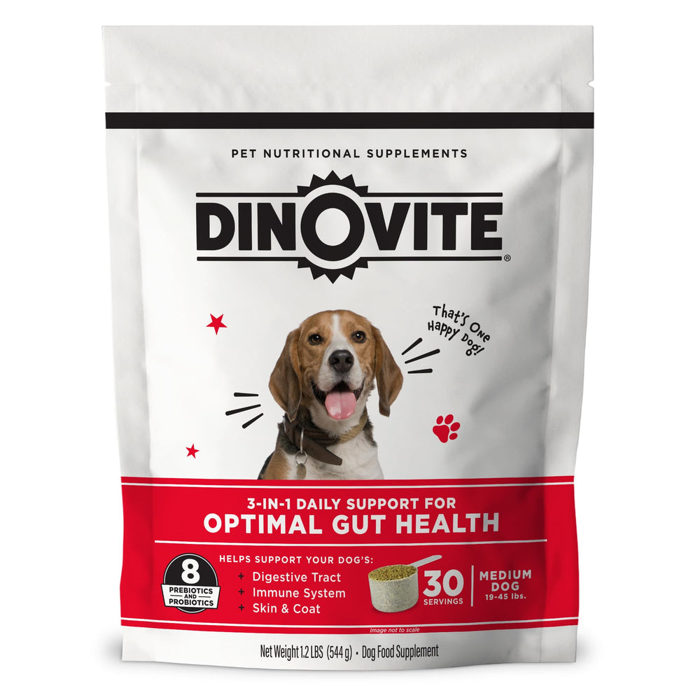 Dinovite 3 in 1 probiotic bottle label with dosage info for easy supplementation
