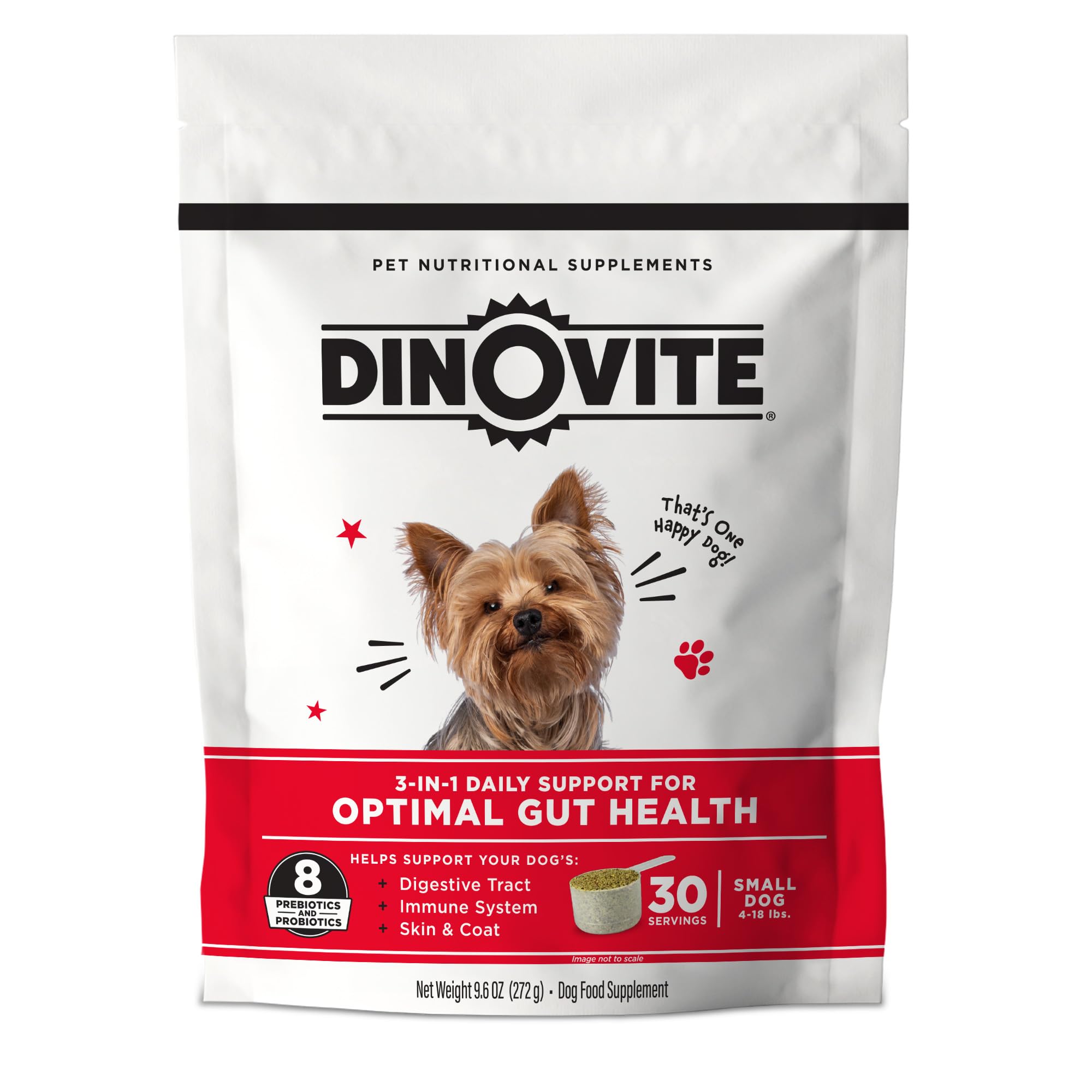 Dinovite 3-in-1 bottle pour showing easy dosing for small dogs