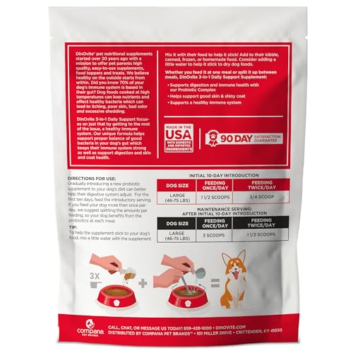 Dinovite probiotic dog packaging close-up showcases ingredients and digest support.