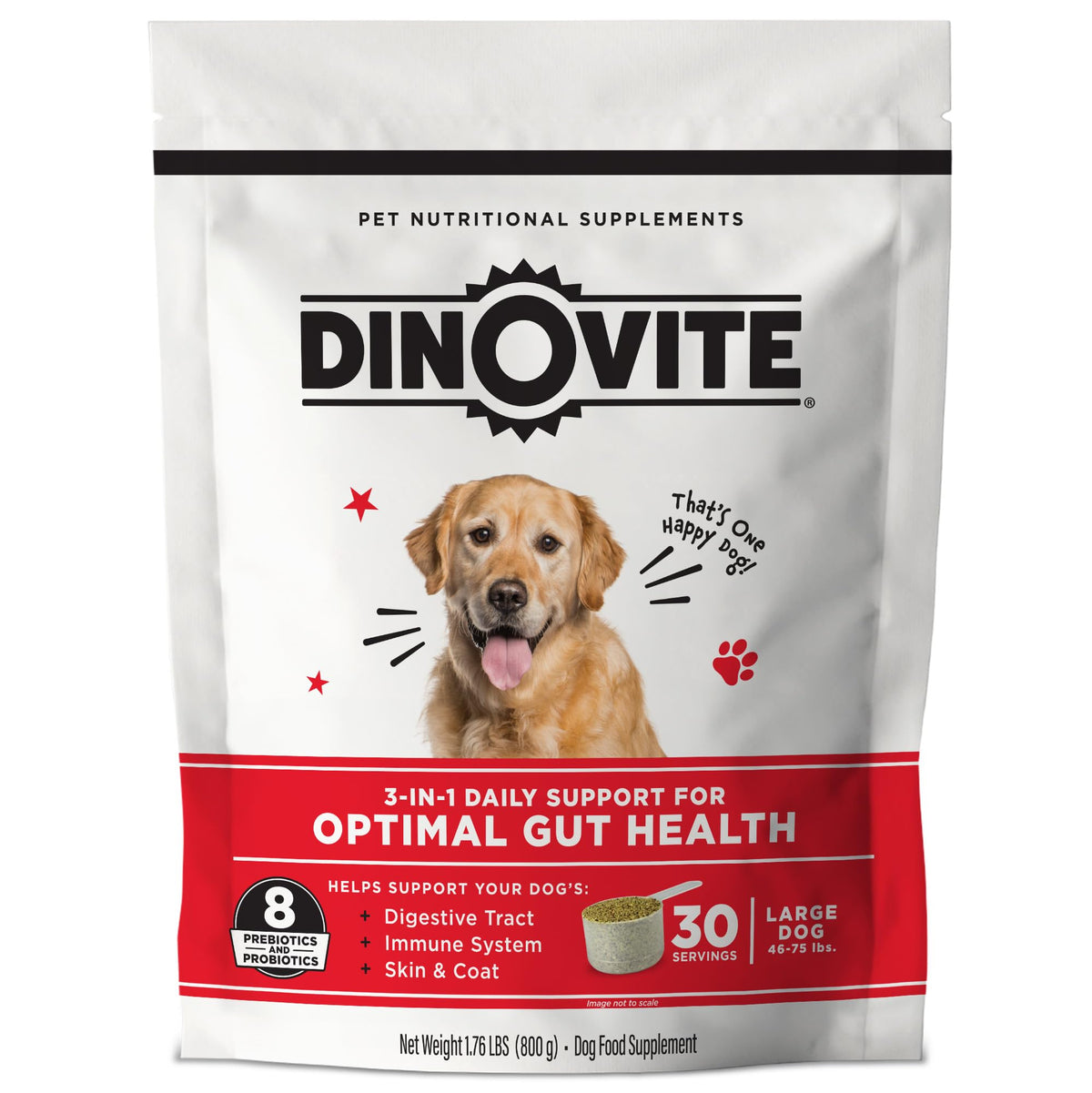 Dinovite probiotic dog supplement bottle supports digestion and gut health.