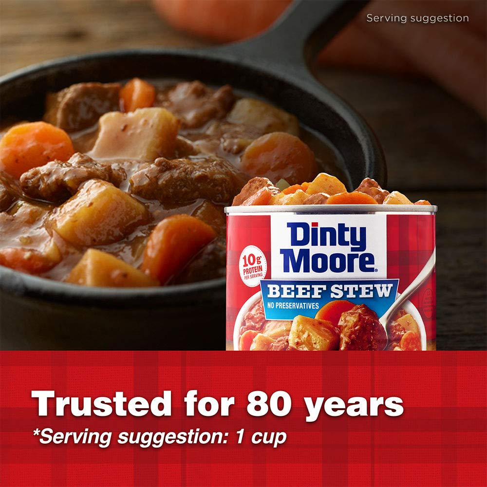 Dinty Moore Beef Stew 12-pack display on pantry shelf.