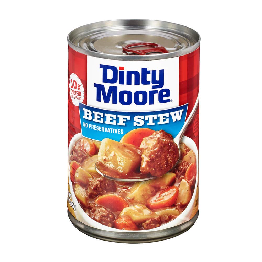 Dinty Moore Beef Stew closeup shows hearty beef chunks and potatoes.