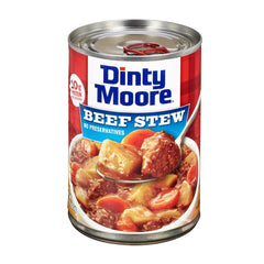 Dinty Moore Beef Stew closeup shows hearty beef chunks and potatoes.