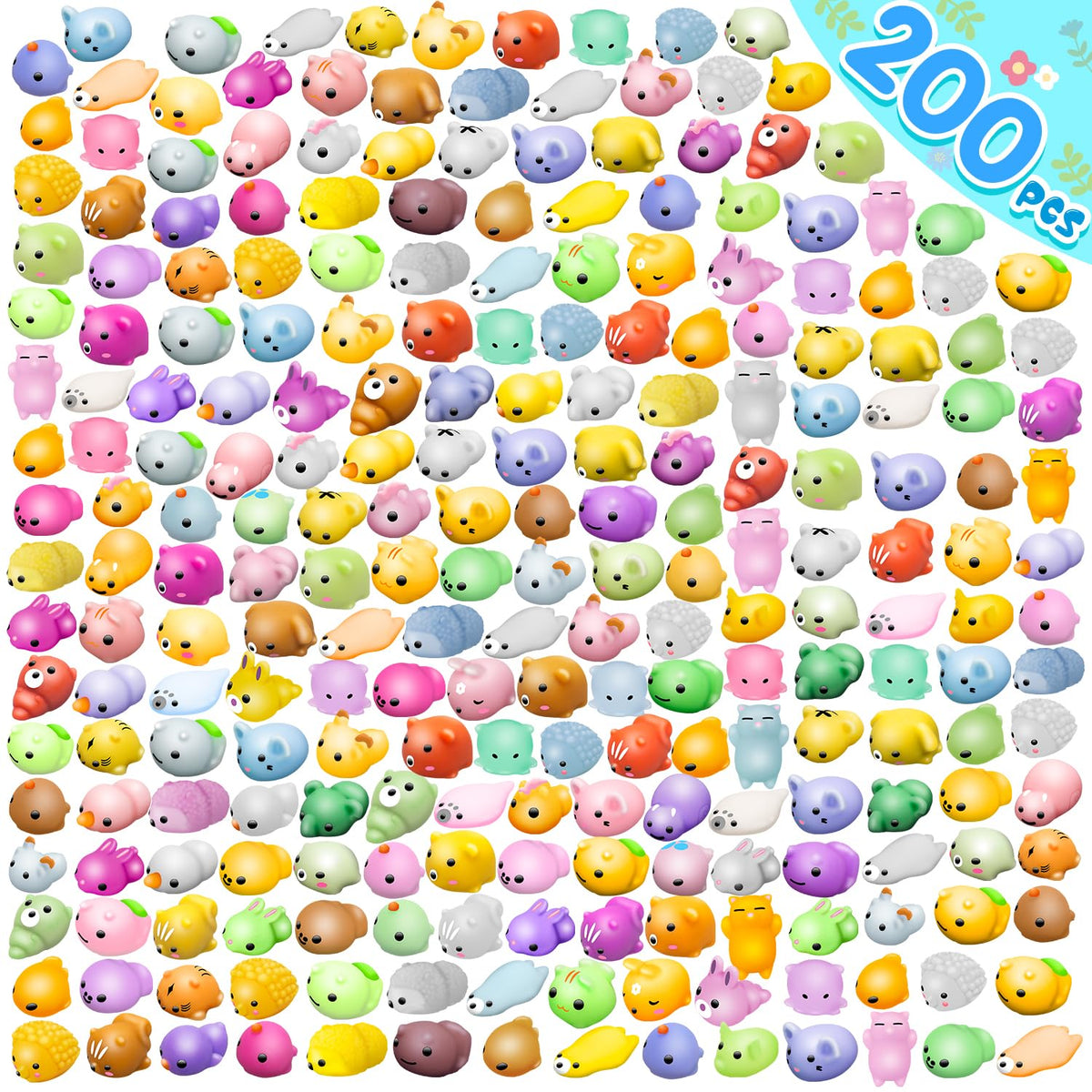 Dioju 200 Pcs Mochi Squishy Toys assortment of cute animal shapes for play.