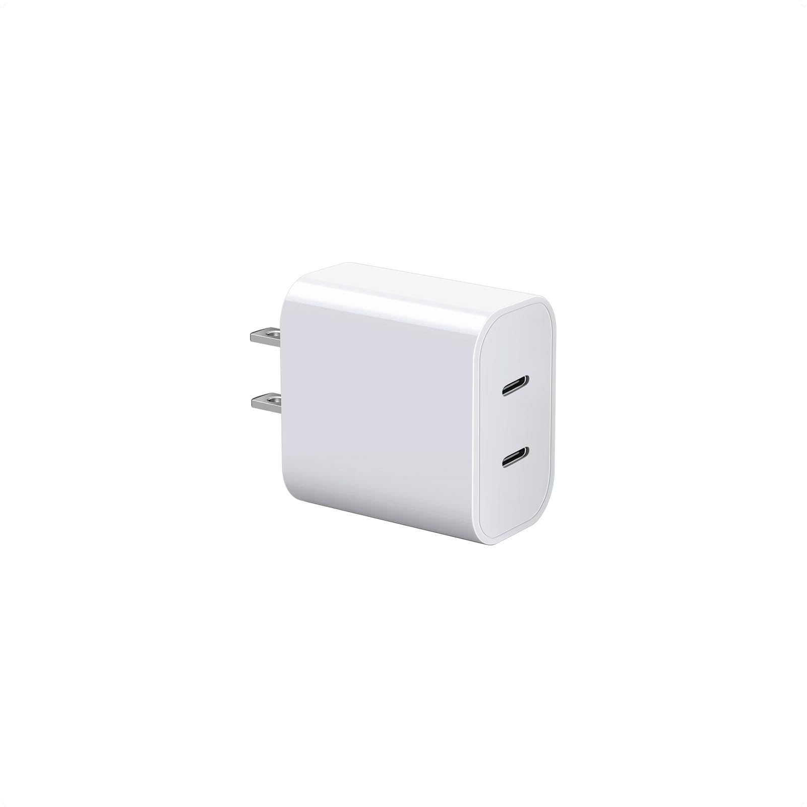 Dirsir dual USB-C charger block in white delivering fast charging for iPhone and Apple Watch.