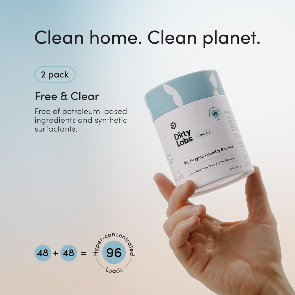 Dirty Labs bio-laundry-booster packaging showcases a 2-pack with 96 loads.