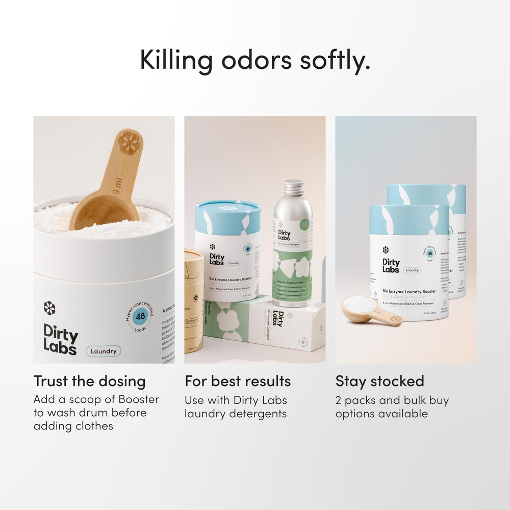 Dirty Labs bio-laundry-booster recyclable packaging supports sustainable laundry.