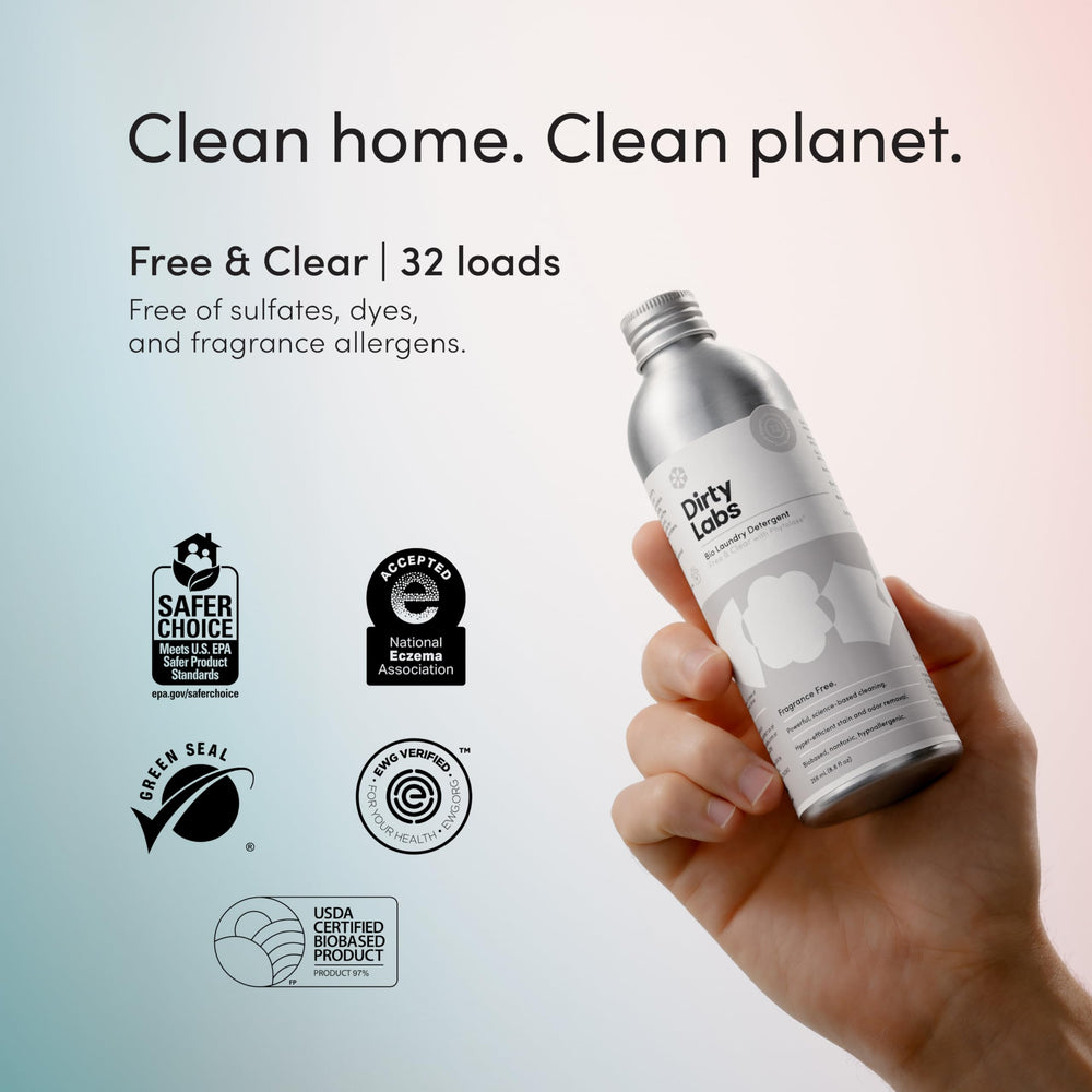 Dirty Labs biodegradable plant-based formula supports eco-friendly washing.