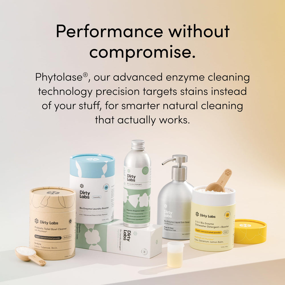 Dirty Labs bioenzyme technology logo signaling a safe cleaning approach