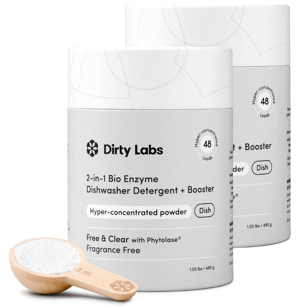 Dirty Labs dishwasher detergent packaging with fragrance-free formula