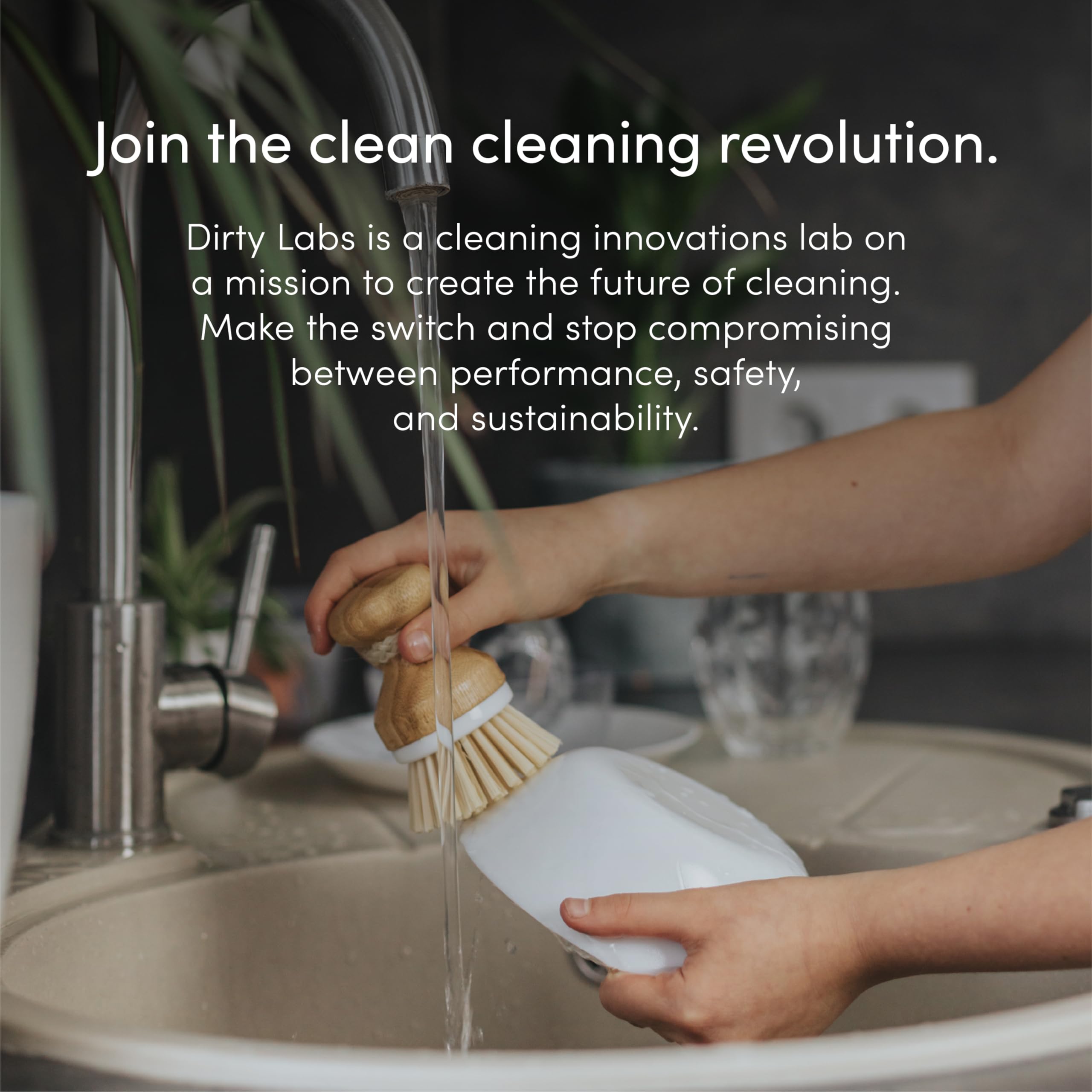 Dirty Labs bottle placed with plates to suggest quick wash performance