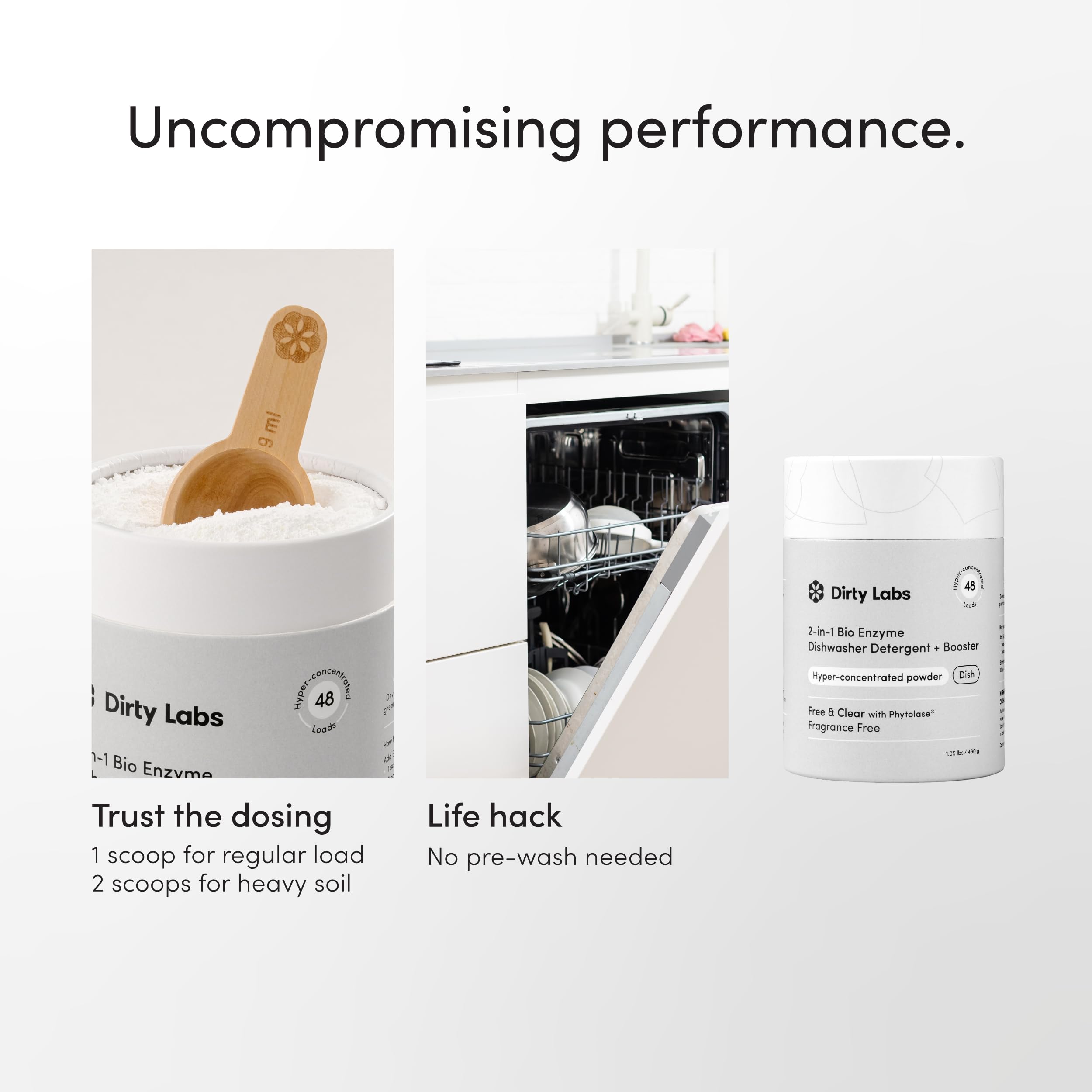 Dirty Labs scoop beside label indicating quick wash cycle compatibility