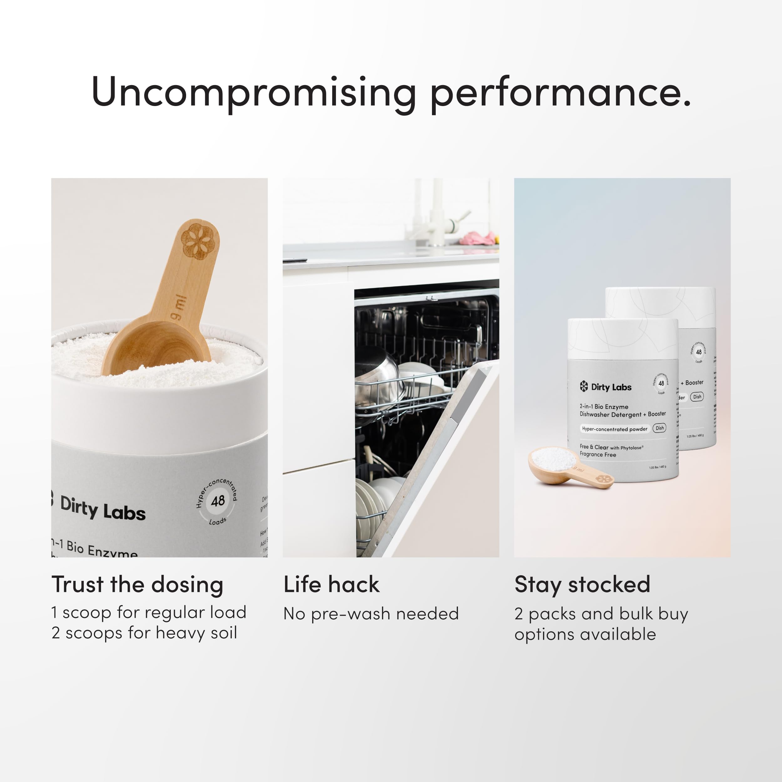 Dirty Labs wooden scoop promotes precise dosing and less waste
