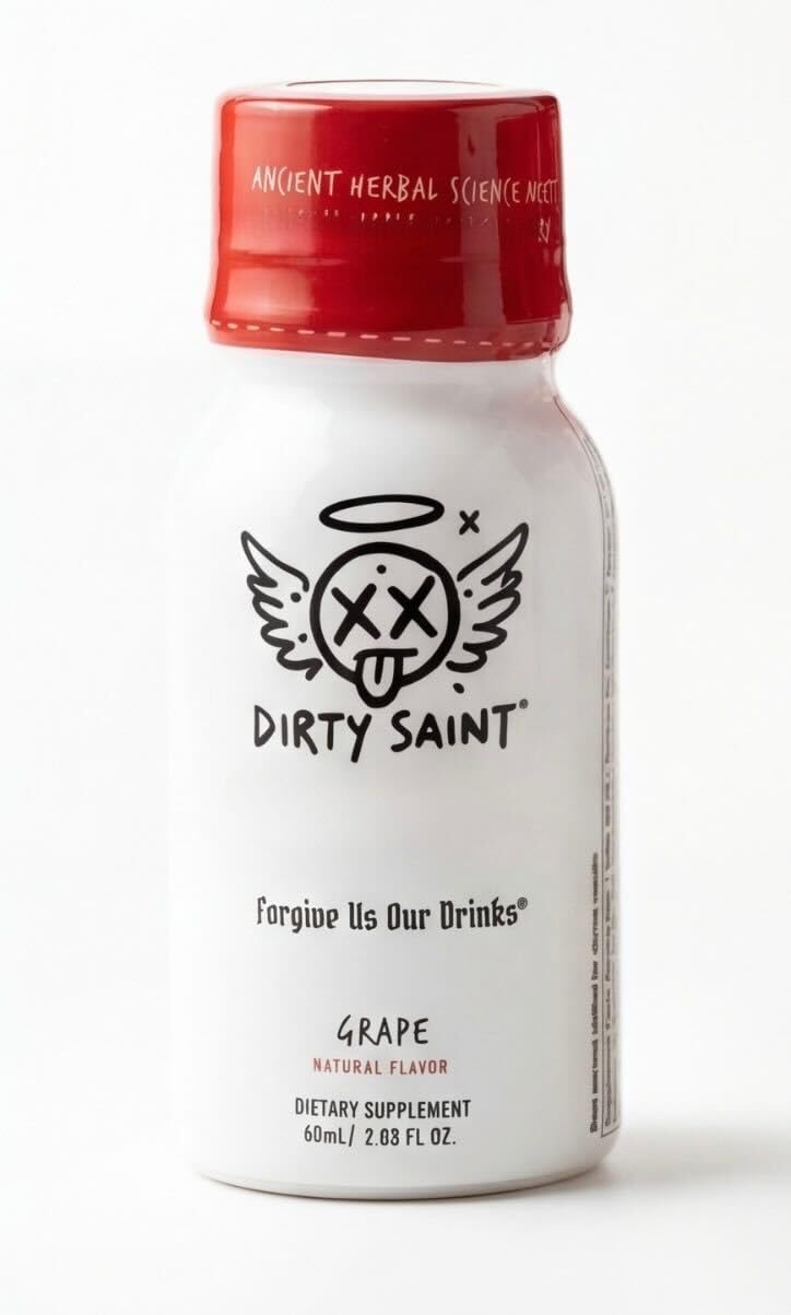 DIRTY SAINT Daily Wellness Shot bottle shows grape flavor for on-the-go hydration.
