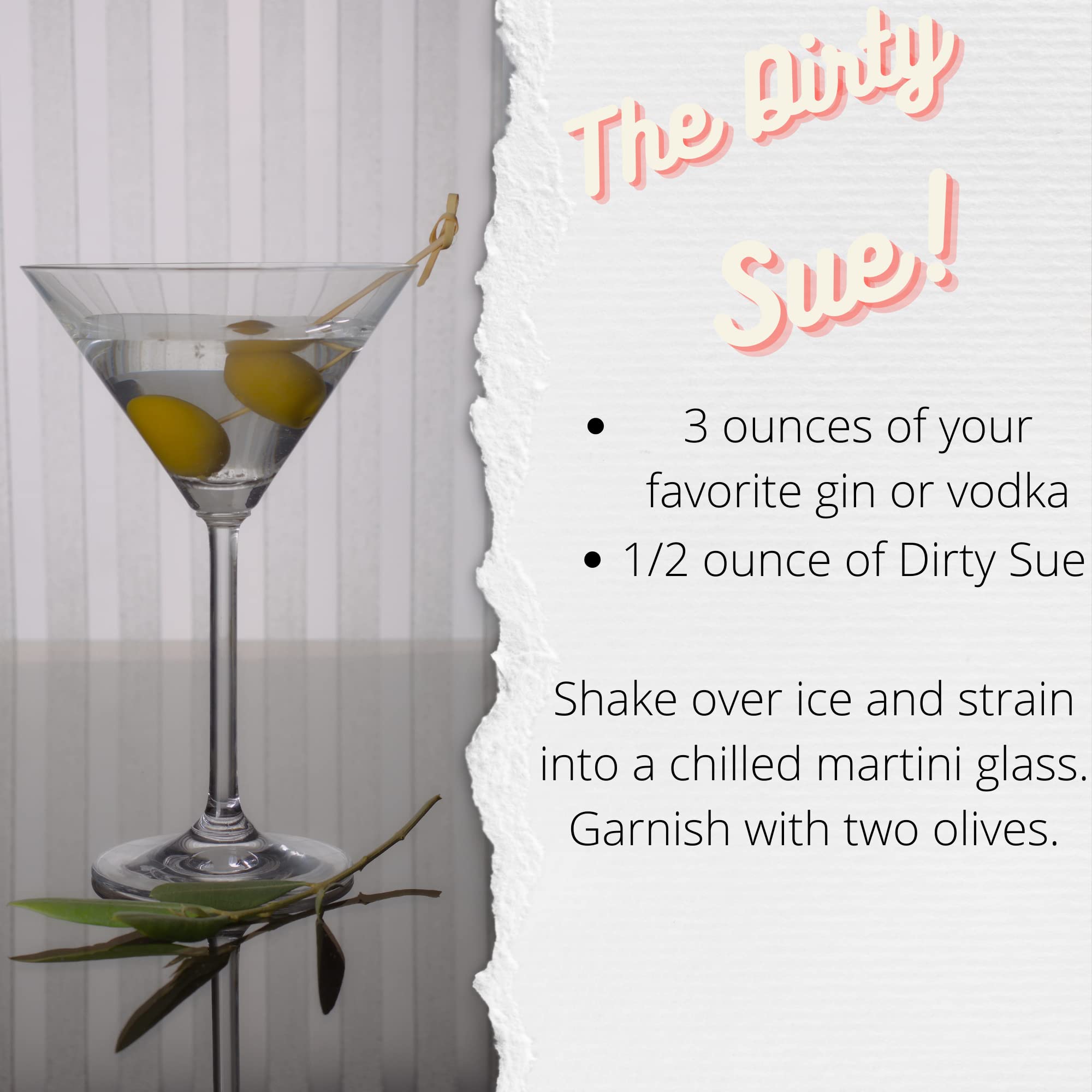 Dirty Sue brine bottle with martini setup on bar