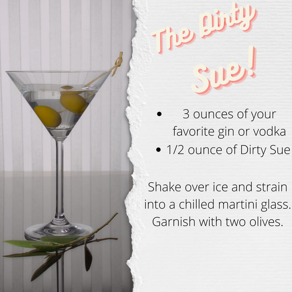 Dirty Sue brine bottle with martini setup on bar