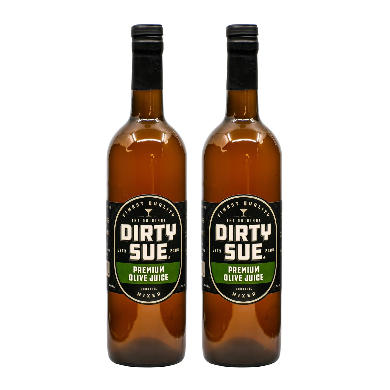 Dirty Sue olive juice bottle pouring for a premium dirty martini