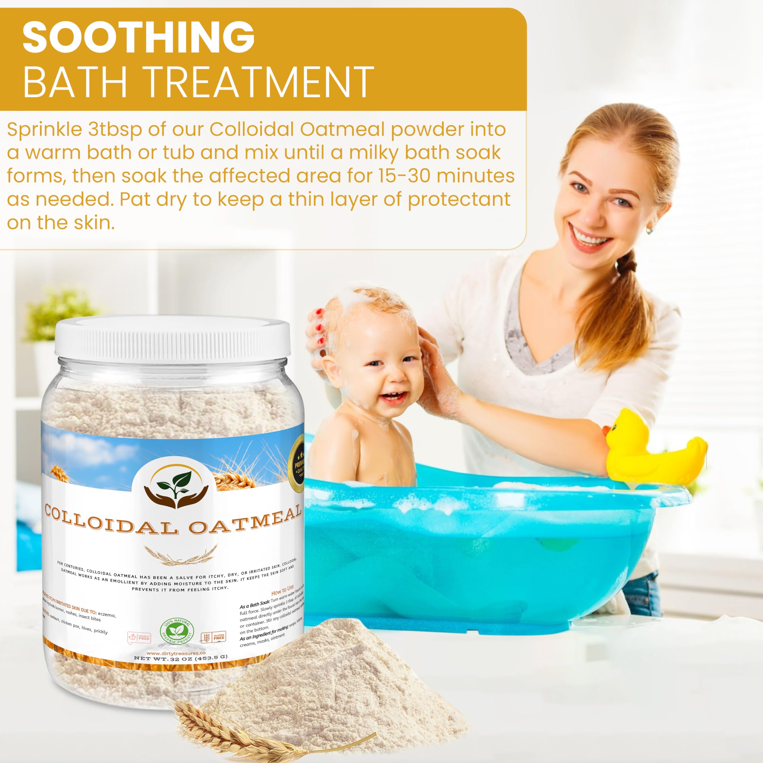Dirty Treasures Colloidal Oatmeal Bath ingredients highlight pure oats for hydration.