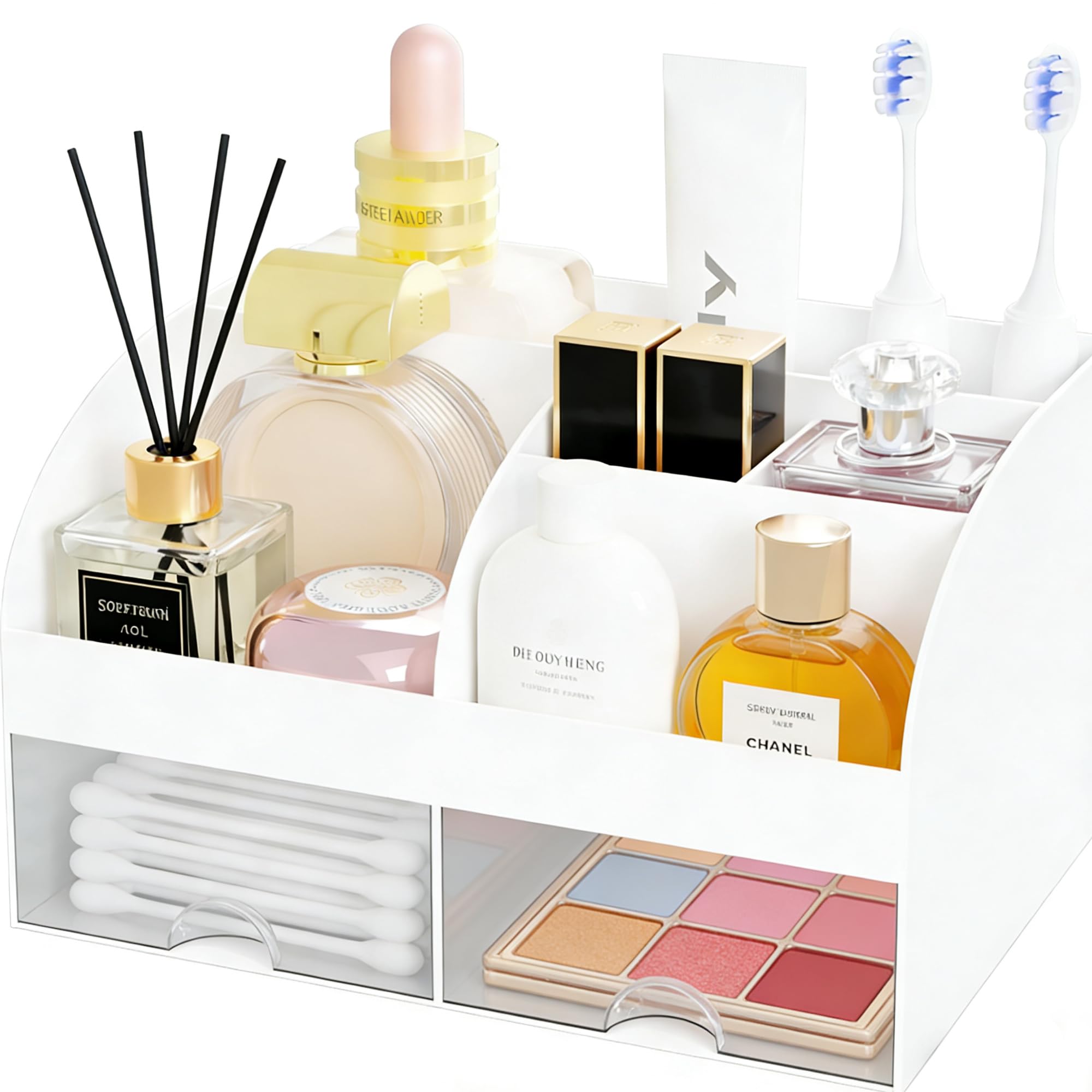DIRZHX makeup organizer front view with two drawers for easy access.