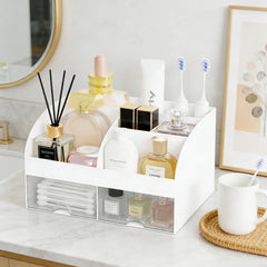 DIRZHX storage case on bathroom counter keeping skincare organized.